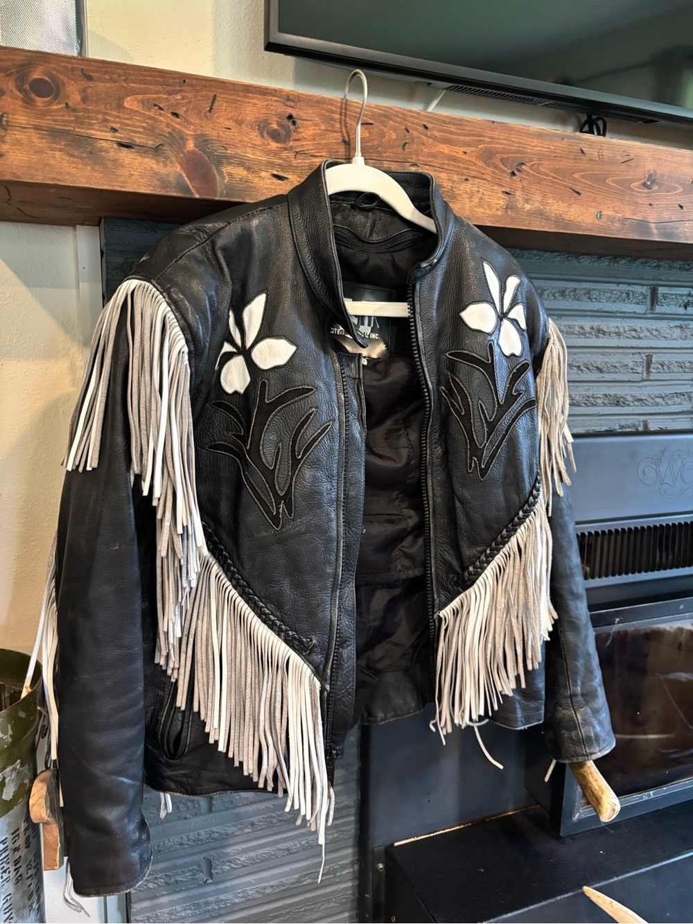 Genuine Black Leather Fringe Jacket with White Floral Appliqué
